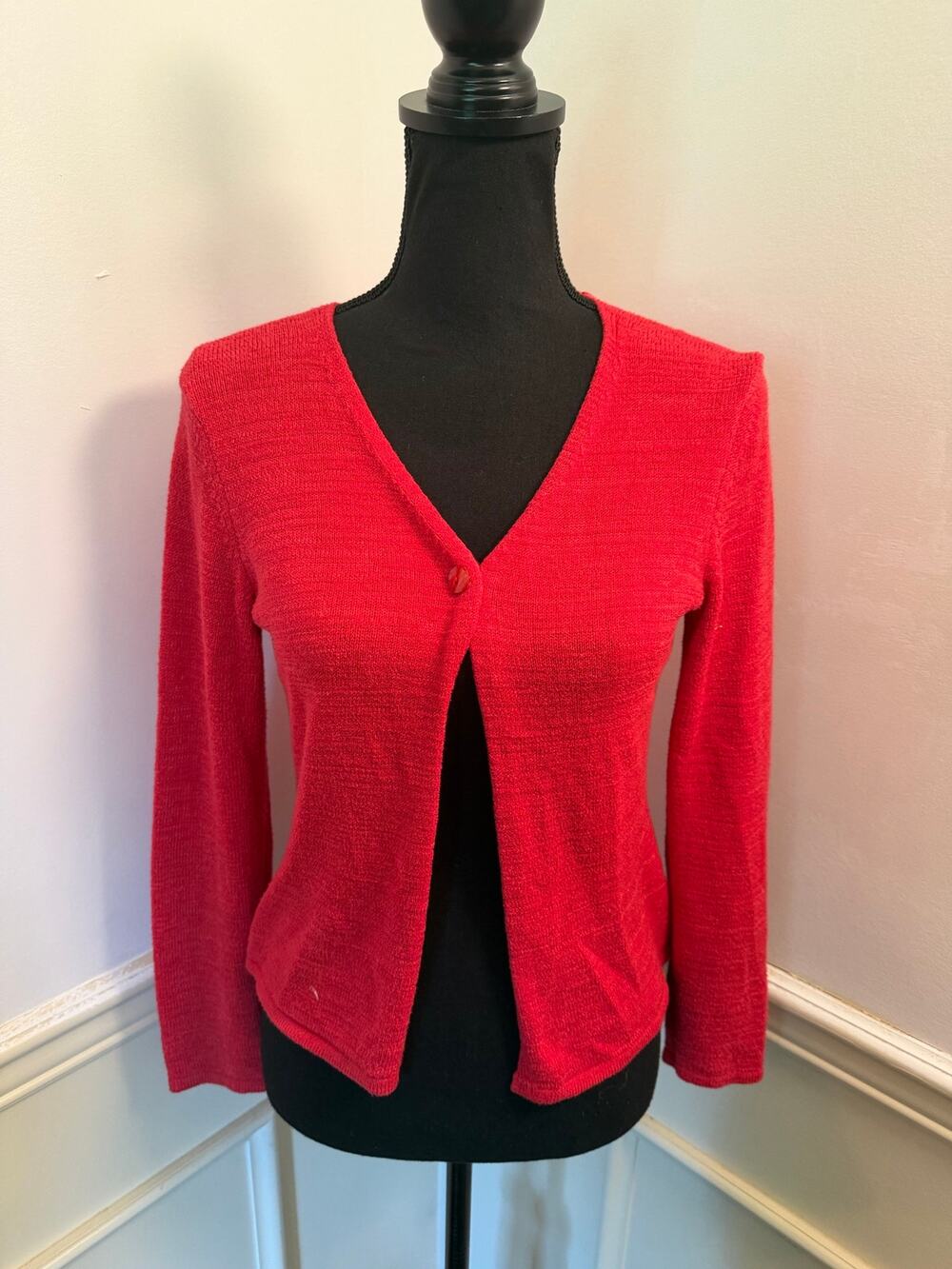 Vintage Talbots Italian Knit Cardigan Tomato Red Minimalist V-Neck Viscose Blend